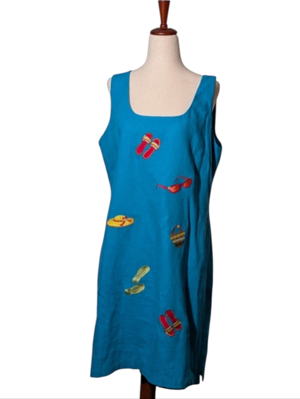 Vintage Linen Dress- Resort Beach Teal Sleeveless Embroidered Shift